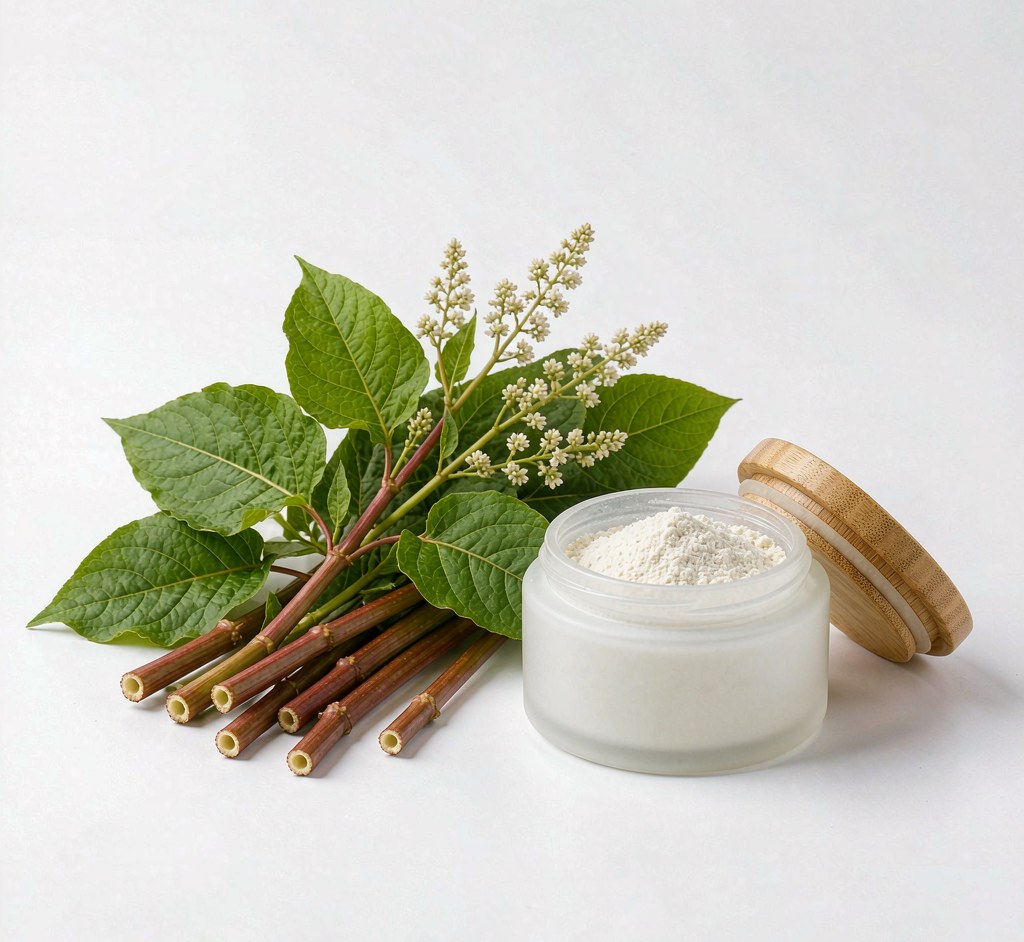 Japanese knotweed (Polygonum cuspidatum) with resveratrol powder jar - VeraVitabio